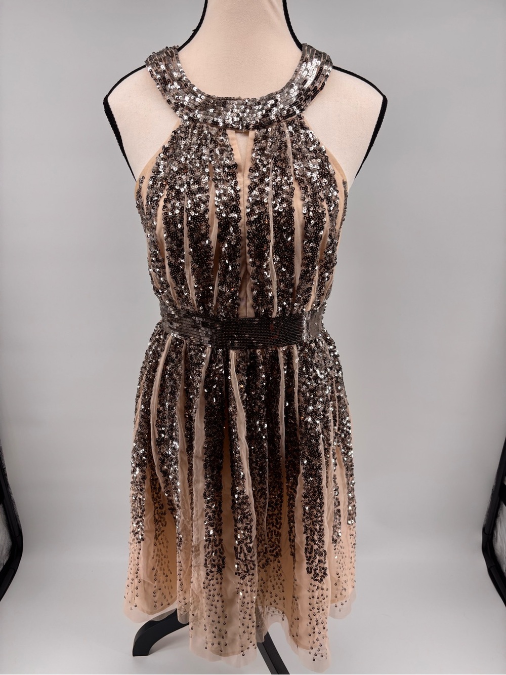 French Connection Size 2 Nude Beaded Halter Evening Dress with Silver Sequins